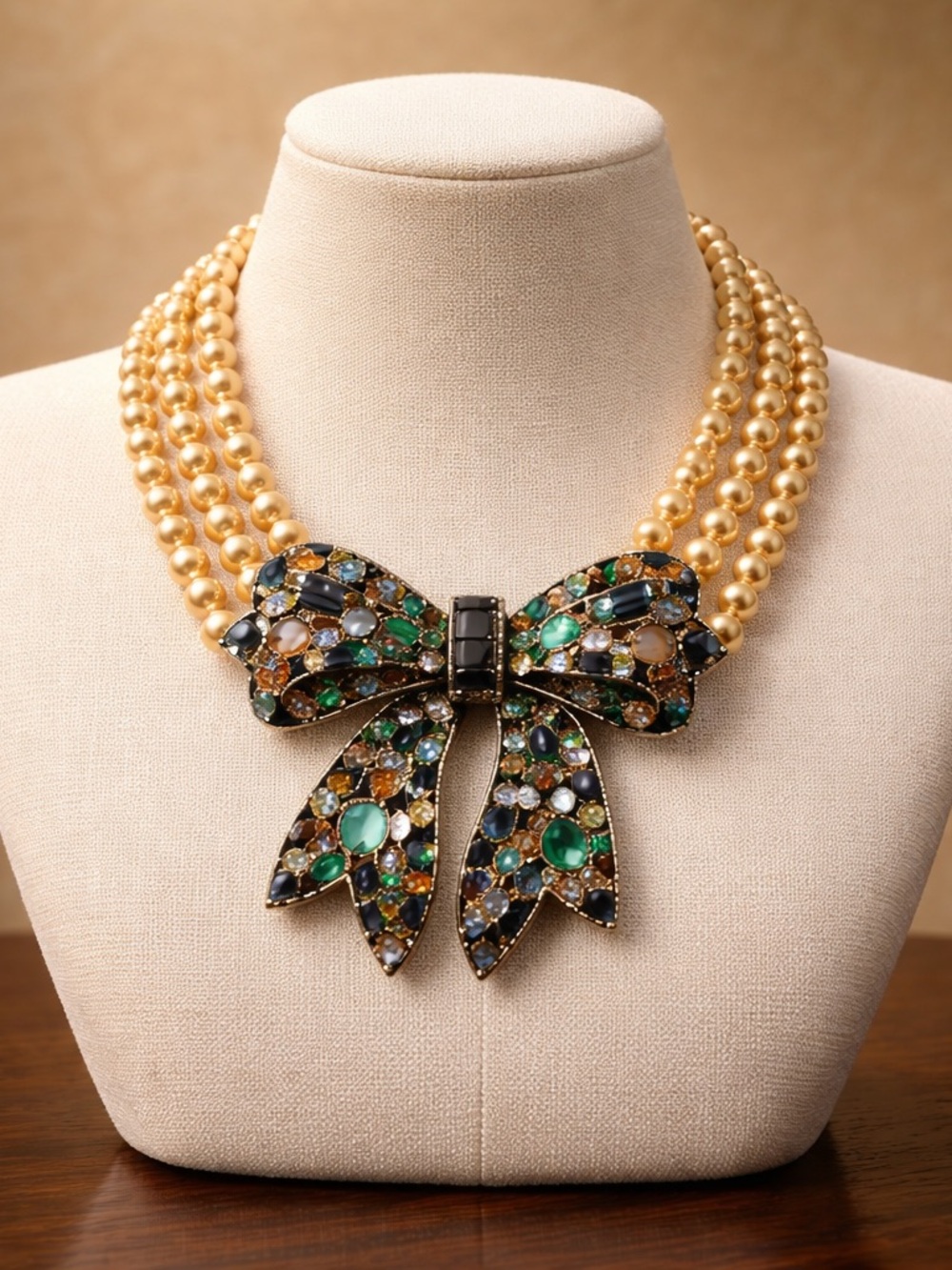 Signed Heidi Doss Faux Pearl Multi-Strand Necklace w/ Rhinestone Bow Pendant